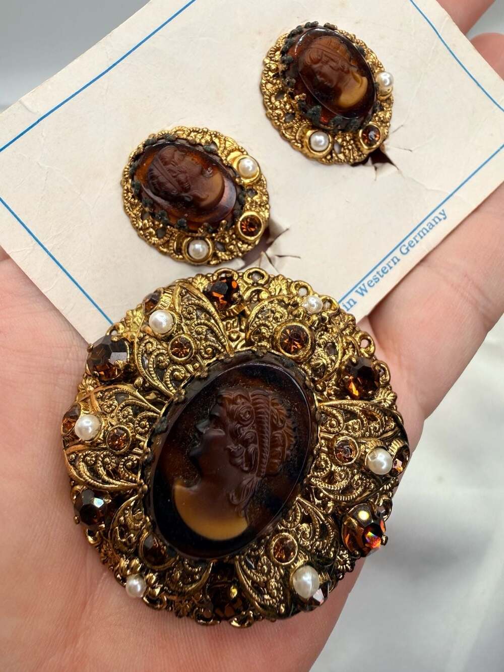 Vintage West Germany Cameo Brooch And Earrings Set